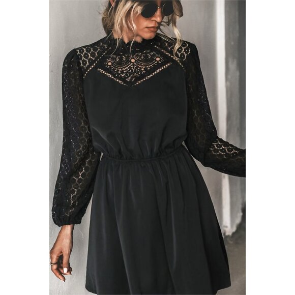 XS Cupshe Lace-Trim Long Sleeve Elastic Waist Black Mini Dress - Zaina - NWT - Picture 5 of 8